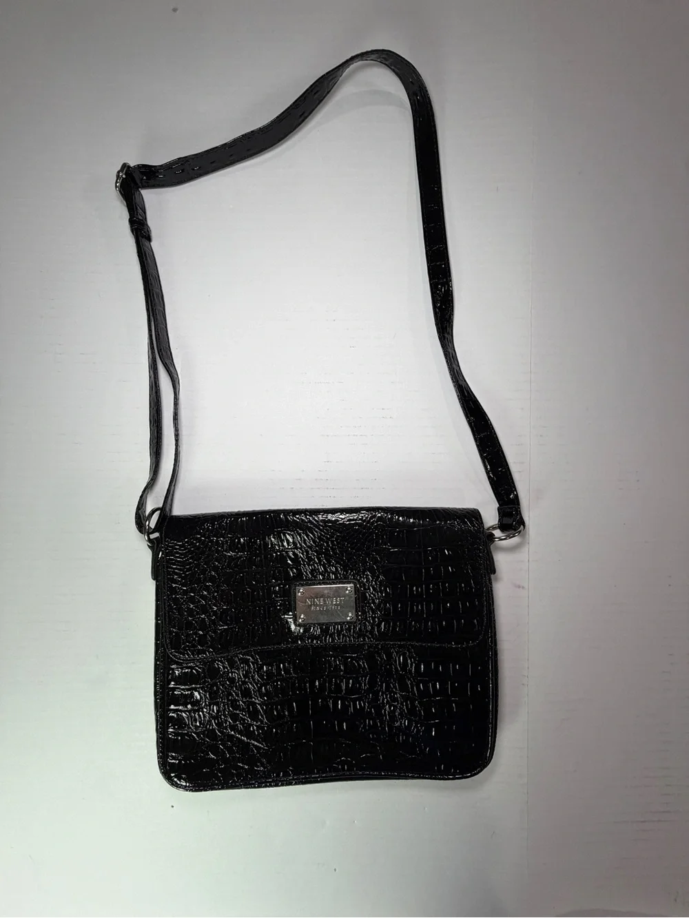 Nine West Black Croc-Embossed Crossbody Bag with Logo Plaque